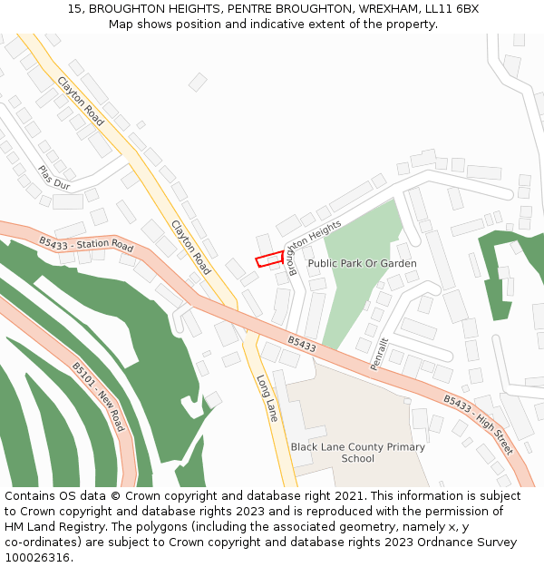 15, BROUGHTON HEIGHTS, PENTRE BROUGHTON, WREXHAM, LL11 6BX: Location map and indicative extent of plot
