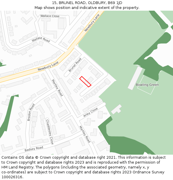 15, BRUNEL ROAD, OLDBURY, B69 1JD: Location map and indicative extent of plot