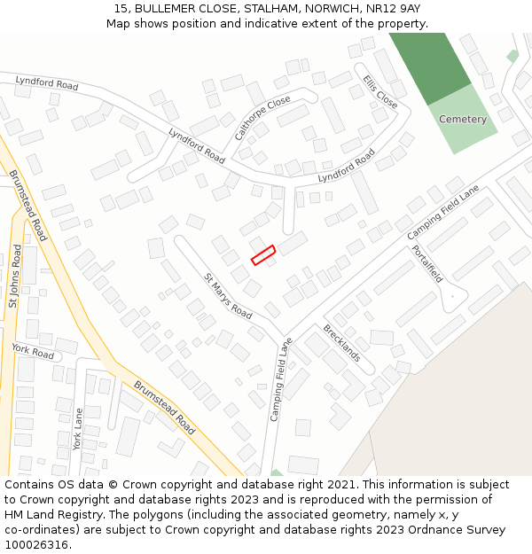15, BULLEMER CLOSE, STALHAM, NORWICH, NR12 9AY: Location map and indicative extent of plot