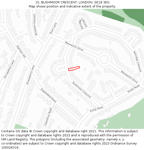 15, BUSHMOOR CRESCENT, LONDON, SE18 3EG: Location map and indicative extent of plot