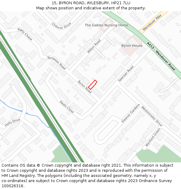 15, BYRON ROAD, AYLESBURY, HP21 7LU: Location map and indicative extent of plot