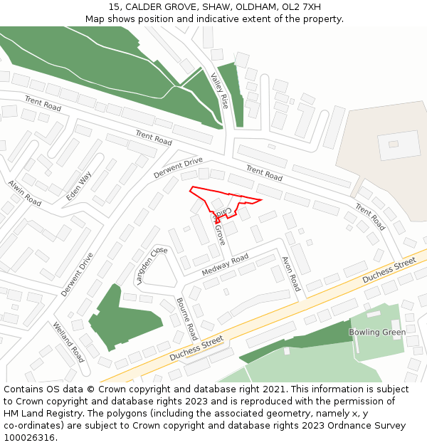 15, CALDER GROVE, SHAW, OLDHAM, OL2 7XH: Location map and indicative extent of plot
