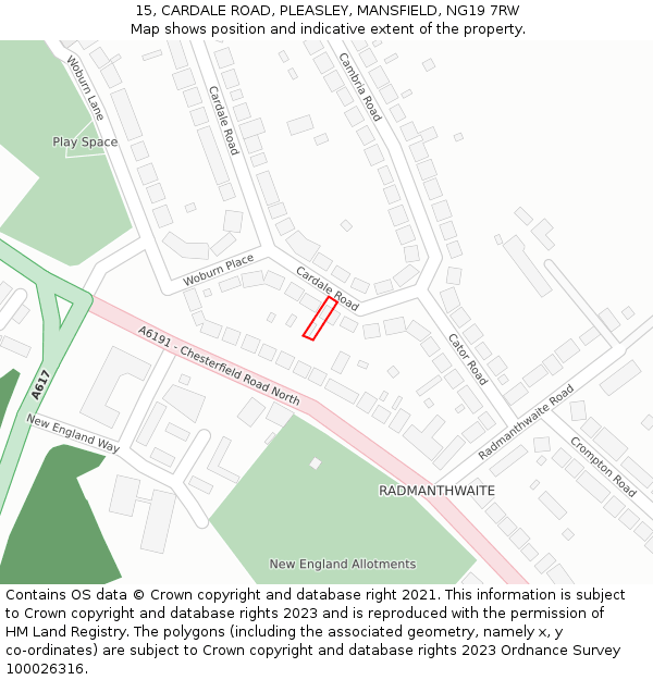 15, CARDALE ROAD, PLEASLEY, MANSFIELD, NG19 7RW: Location map and indicative extent of plot