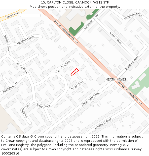 15, CARLTON CLOSE, CANNOCK, WS12 3TF: Location map and indicative extent of plot