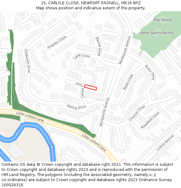 15, CARLYLE CLOSE, NEWPORT PAGNELL, MK16 8PZ: Location map and indicative extent of plot