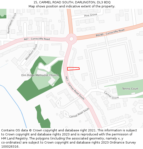 15, CARMEL ROAD SOUTH, DARLINGTON, DL3 8DQ: Location map and indicative extent of plot