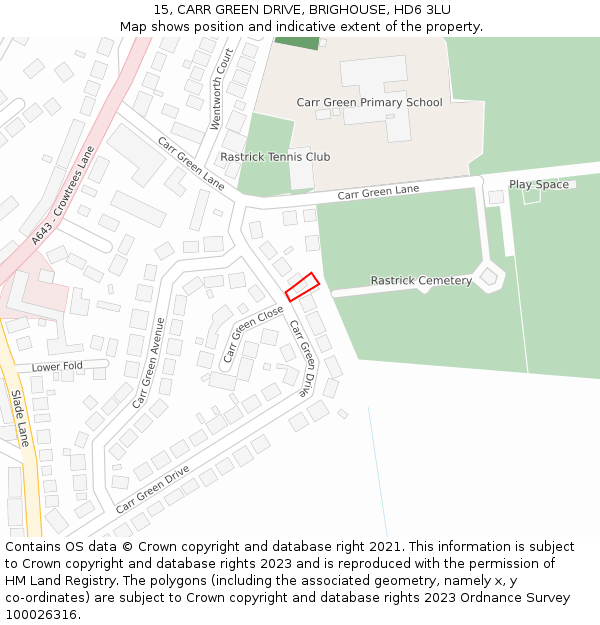 15, CARR GREEN DRIVE, BRIGHOUSE, HD6 3LU: Location map and indicative extent of plot