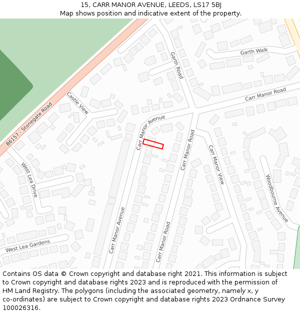 15, CARR MANOR AVENUE, LEEDS, LS17 5BJ: Location map and indicative extent of plot