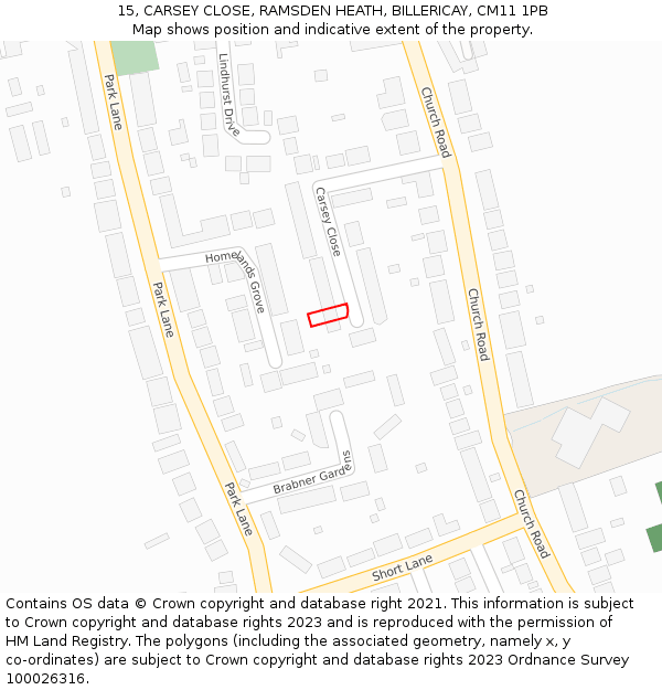 15, CARSEY CLOSE, RAMSDEN HEATH, BILLERICAY, CM11 1PB: Location map and indicative extent of plot