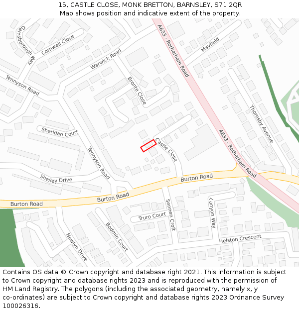 15, CASTLE CLOSE, MONK BRETTON, BARNSLEY, S71 2QR: Location map and indicative extent of plot