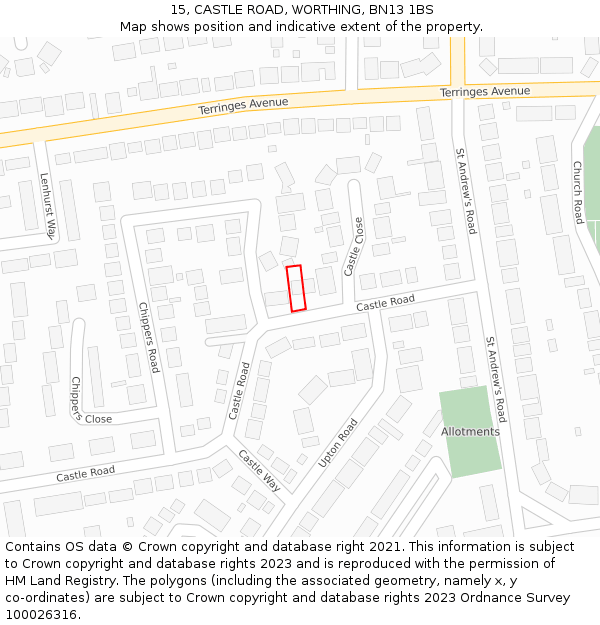15, CASTLE ROAD, WORTHING, BN13 1BS: Location map and indicative extent of plot