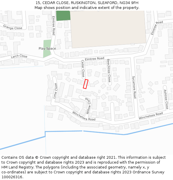 15, CEDAR CLOSE, RUSKINGTON, SLEAFORD, NG34 9FH: Location map and indicative extent of plot