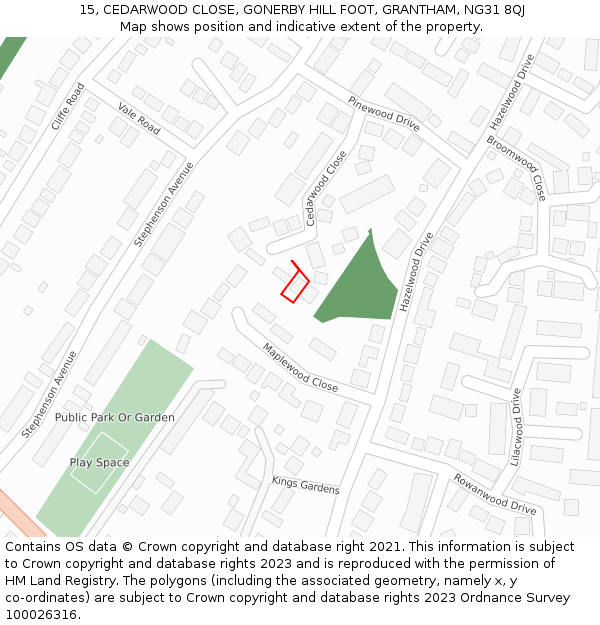 15, CEDARWOOD CLOSE, GONERBY HILL FOOT, GRANTHAM, NG31 8QJ: Location map and indicative extent of plot