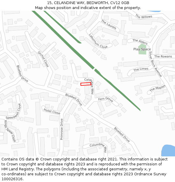 15, CELANDINE WAY, BEDWORTH, CV12 0GB: Location map and indicative extent of plot