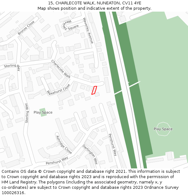 15, CHARLECOTE WALK, NUNEATON, CV11 4YE: Location map and indicative extent of plot