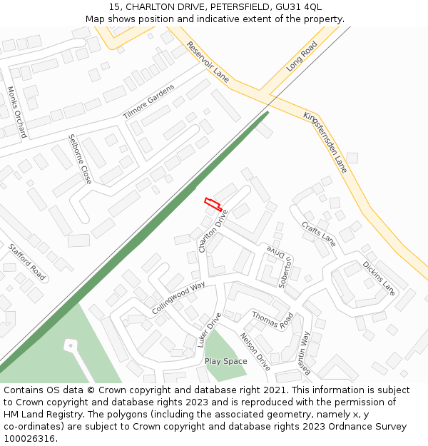 15, CHARLTON DRIVE, PETERSFIELD, GU31 4QL: Location map and indicative extent of plot