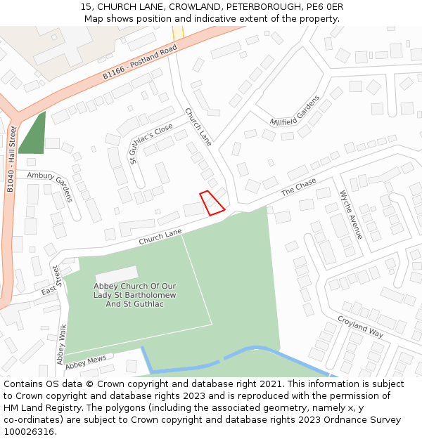 15, CHURCH LANE, CROWLAND, PETERBOROUGH, PE6 0ER: Location map and indicative extent of plot