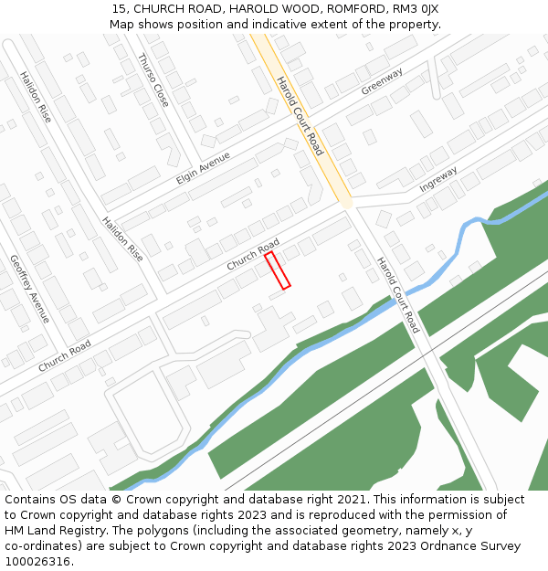 15, CHURCH ROAD, HAROLD WOOD, ROMFORD, RM3 0JX: Location map and indicative extent of plot