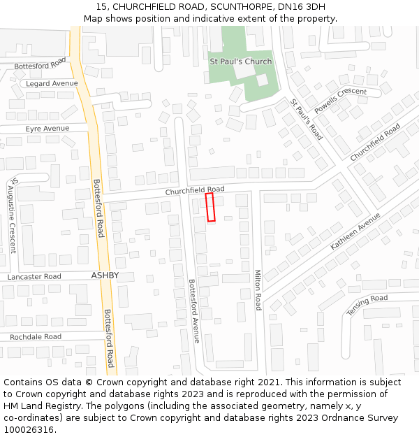 15, CHURCHFIELD ROAD, SCUNTHORPE, DN16 3DH: Location map and indicative extent of plot
