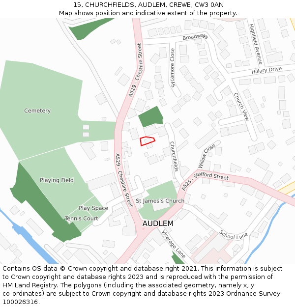 15, CHURCHFIELDS, AUDLEM, CREWE, CW3 0AN: Location map and indicative extent of plot