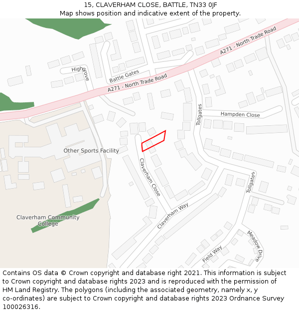 15, CLAVERHAM CLOSE, BATTLE, TN33 0JF: Location map and indicative extent of plot