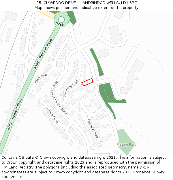 15, CLYWEDOG DRIVE, LLANDRINDOD WELLS, LD1 5BZ: Location map and indicative extent of plot
