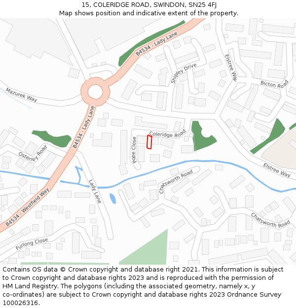 15, COLERIDGE ROAD, SWINDON, SN25 4FJ: Location map and indicative extent of plot