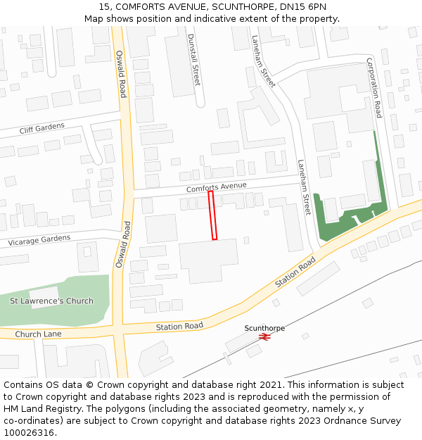15, COMFORTS AVENUE, SCUNTHORPE, DN15 6PN: Location map and indicative extent of plot
