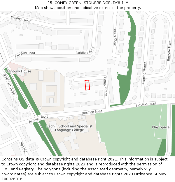 15, CONEY GREEN, STOURBRIDGE, DY8 1LA: Location map and indicative extent of plot