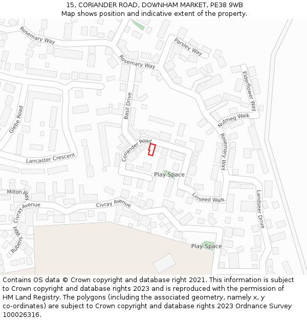 15, CORIANDER ROAD, DOWNHAM MARKET, PE38 9WB: Location map and indicative extent of plot
