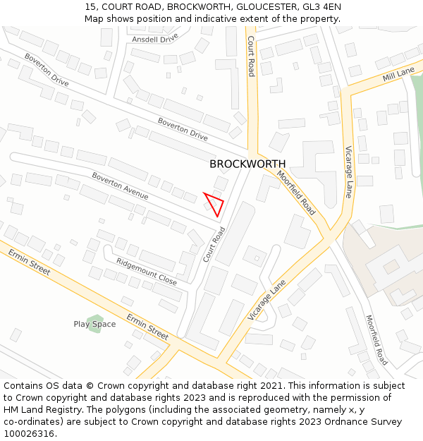 15, COURT ROAD, BROCKWORTH, GLOUCESTER, GL3 4EN: Location map and indicative extent of plot