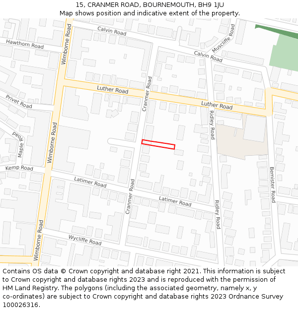 15, CRANMER ROAD, BOURNEMOUTH, BH9 1JU: Location map and indicative extent of plot