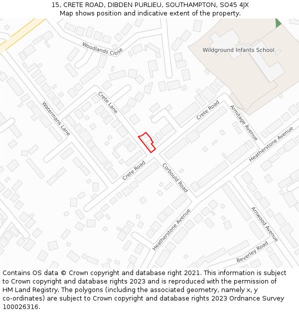 15, CRETE ROAD, DIBDEN PURLIEU, SOUTHAMPTON, SO45 4JX: Location map and indicative extent of plot
