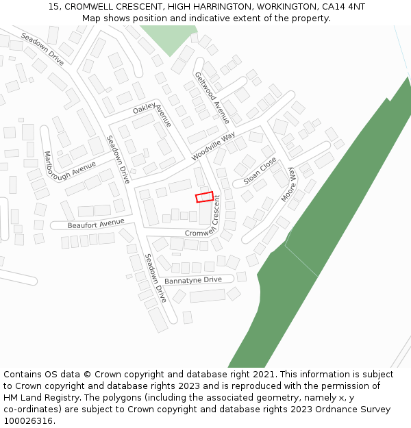 15, CROMWELL CRESCENT, HIGH HARRINGTON, WORKINGTON, CA14 4NT: Location map and indicative extent of plot