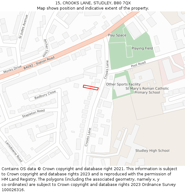 15, CROOKS LANE, STUDLEY, B80 7QX: Location map and indicative extent of plot