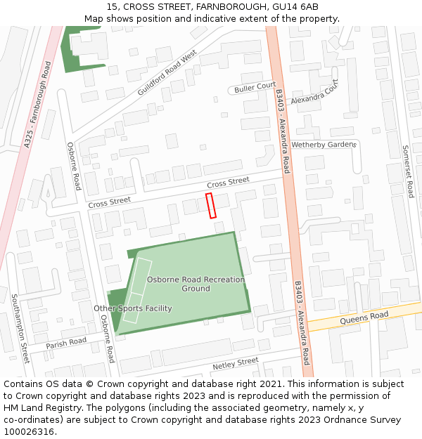 15, CROSS STREET, FARNBOROUGH, GU14 6AB: Location map and indicative extent of plot