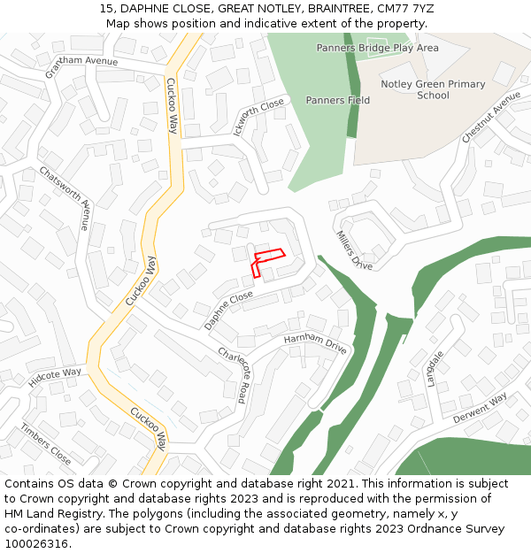 15, DAPHNE CLOSE, GREAT NOTLEY, BRAINTREE, CM77 7YZ: Location map and indicative extent of plot