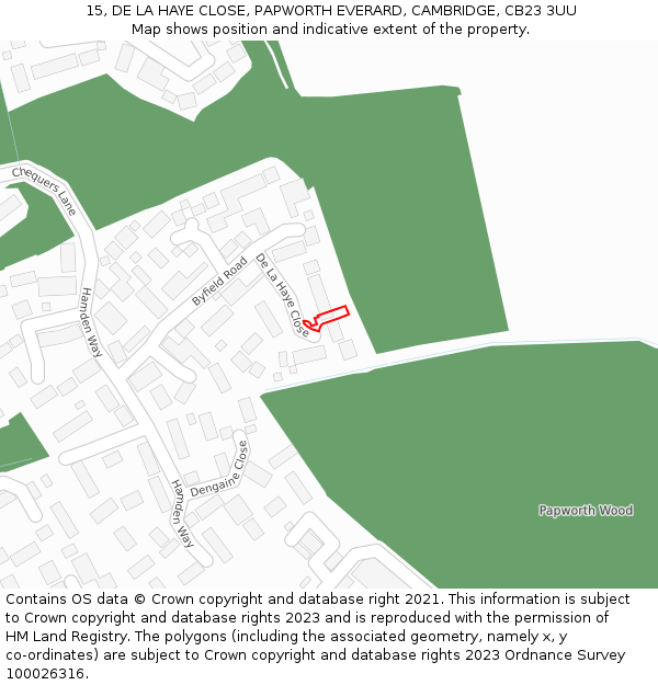15, DE LA HAYE CLOSE, PAPWORTH EVERARD, CAMBRIDGE, CB23 3UU: Location map and indicative extent of plot