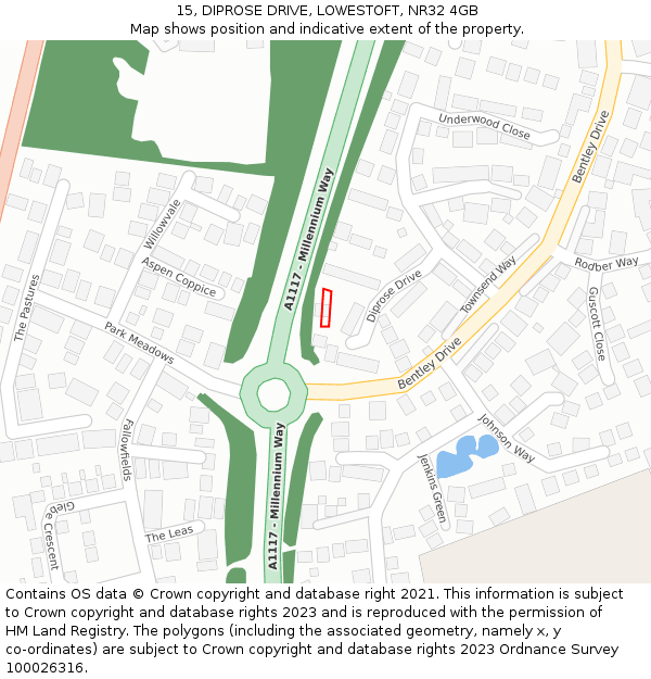 15, DIPROSE DRIVE, LOWESTOFT, NR32 4GB: Location map and indicative extent of plot
