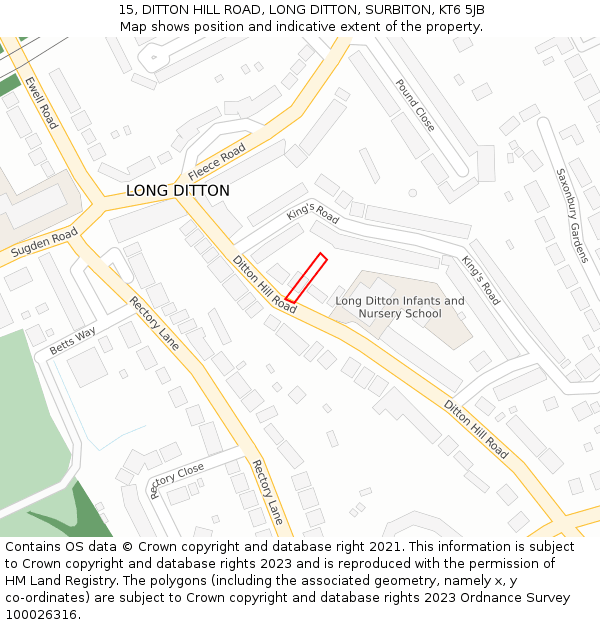 15, DITTON HILL ROAD, LONG DITTON, SURBITON, KT6 5JB: Location map and indicative extent of plot