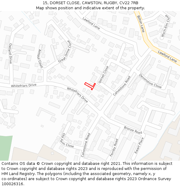 15, DORSET CLOSE, CAWSTON, RUGBY, CV22 7RB: Location map and indicative extent of plot