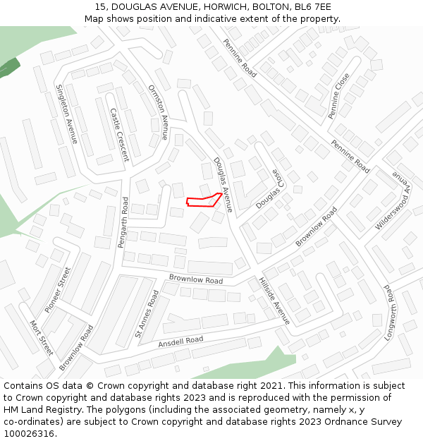 15, DOUGLAS AVENUE, HORWICH, BOLTON, BL6 7EE: Location map and indicative extent of plot