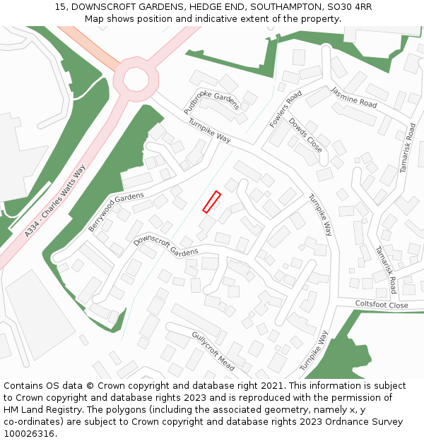15, DOWNSCROFT GARDENS, HEDGE END, SOUTHAMPTON, SO30 4RR: Location map and indicative extent of plot