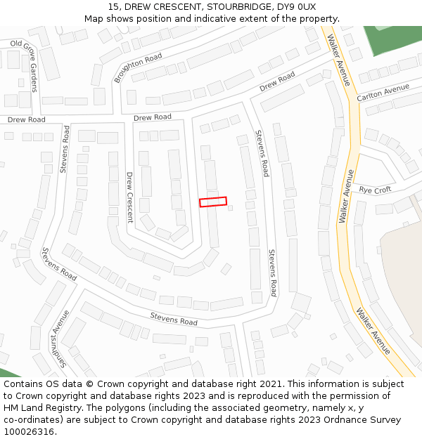 15, DREW CRESCENT, STOURBRIDGE, DY9 0UX: Location map and indicative extent of plot