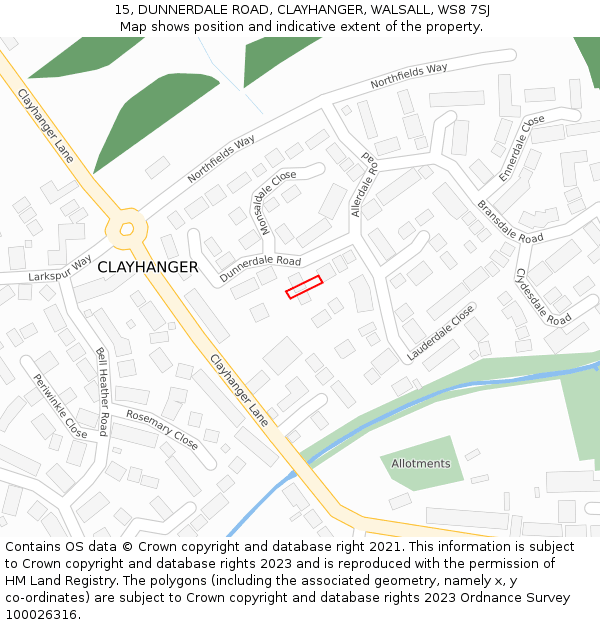 15, DUNNERDALE ROAD, CLAYHANGER, WALSALL, WS8 7SJ: Location map and indicative extent of plot