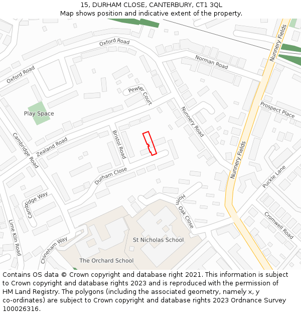 15, DURHAM CLOSE, CANTERBURY, CT1 3QL: Location map and indicative extent of plot