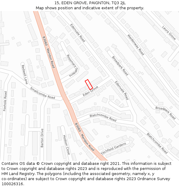15, EDEN GROVE, PAIGNTON, TQ3 2JL: Location map and indicative extent of plot