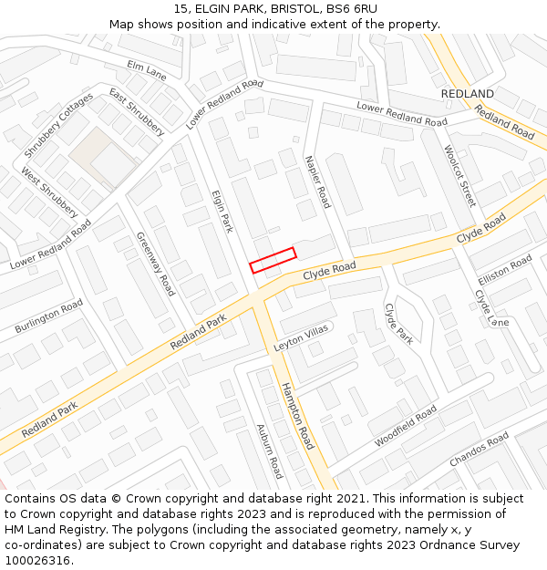 15, ELGIN PARK, BRISTOL, BS6 6RU: Location map and indicative extent of plot