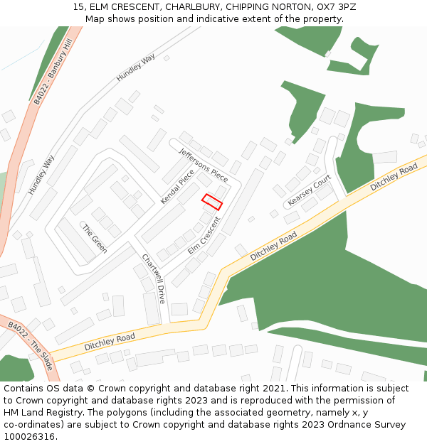 15, ELM CRESCENT, CHARLBURY, CHIPPING NORTON, OX7 3PZ: Location map and indicative extent of plot