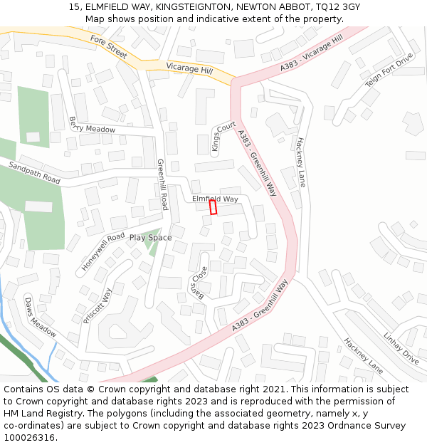 15, ELMFIELD WAY, KINGSTEIGNTON, NEWTON ABBOT, TQ12 3GY: Location map and indicative extent of plot